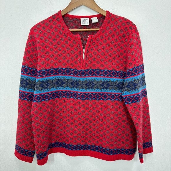 Vintage Field Gear Bright Red 100% Lambswool Fair Isle Quarter Zip Cabincore - Picture 1 of 5